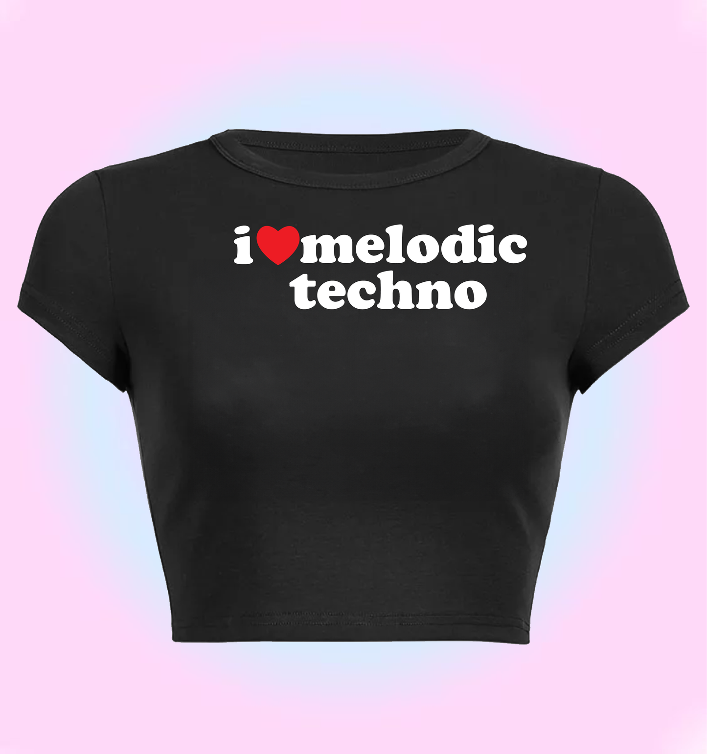 "I love melodic techno" cropped y2k baby tee