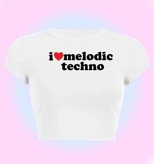 "I love melodic techno" cropped y2k baby tee
