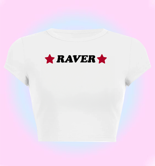 "raver" cropped y2k baby tee